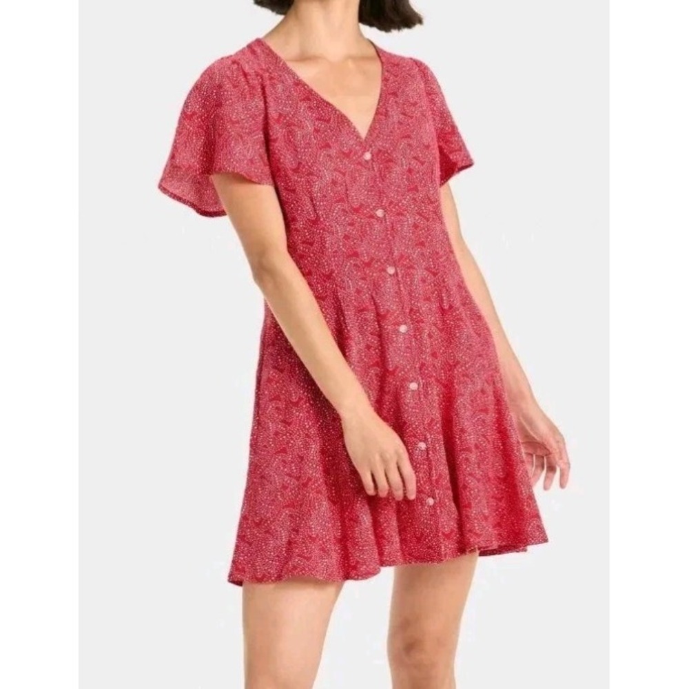 Universal Thread Women 2X Red Paisley Button Front Mini A-Line Dress